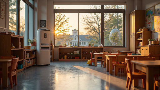 教育机构营销案例展示，教室环境，学生上课场景，温暖灯光