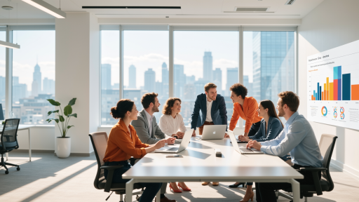 科技公司营销案例展示，现代化办公室，员工讨论项目，明亮自然光
